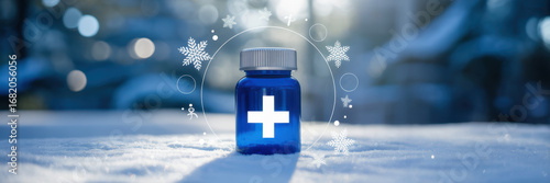 Blue medicine bottle with a white cross on snow, representing winter health care and treatment for cold and flu symptoms in a snowy scene