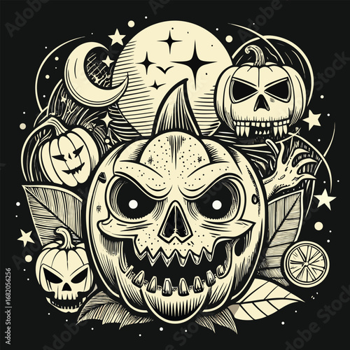 Spooky Halloween Jack O Lanterns and Moon Illustration
