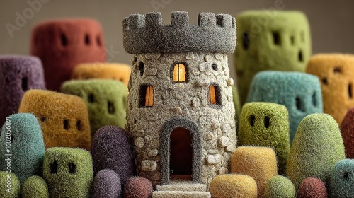 Stone tower with surrounding colorful blocky shapes resembling buildings or landscape.