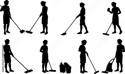 set of Vector silhouette of a cleaning lady.
