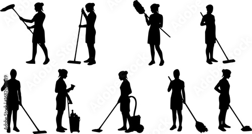 set of Vector silhouette of a cleaning lady.
