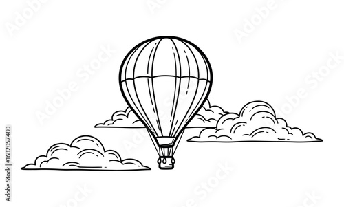 Vintage line drawing of a hot air balloon amidst stylized clouds.