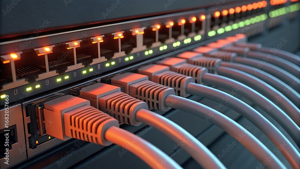 Obraz premium Network cables connected to a switch suitable for technology blogs, networking concepts, data management, it services, and hardware illustrations.