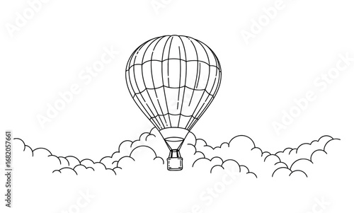 A hot air balloon ascends above fluffy clouds, a simple line drawing illustration.