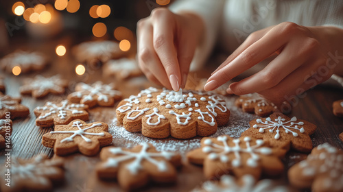 Close-up hand placing Christmas tree-shaped gingerbread cookie white icing among snowflake cookies. Surrounded ornaments pinecones wooden surface, using icing decorate