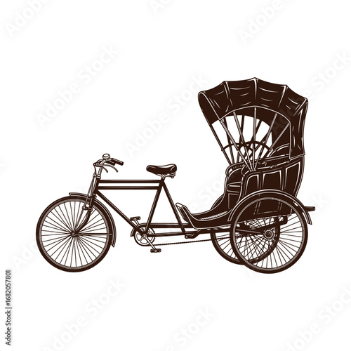 Illustration of a vintage rickshaw bicycle, showcasing its design and structure in detail.
