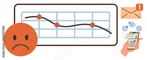 Downward graph with red markers, sad face icon, alert envelope, and mobile payment issues. Ideal for finance, declining trends, user frustration, bad news failure loss warning signal. Simple flat