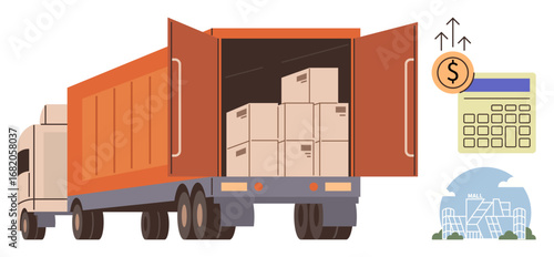 Truck loaded with packages, calculator, and coin illustrating supply chain, freight shipping, delivery, cost analysis, inventory management, cargo logistics, and global trade in simple flat metaphor