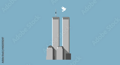A Symbol of Remembrance and Hope A Gentle Dove of Peace Soars Above Iconic Twin Towers on a Clear Blue Day