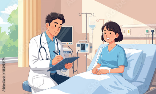 A doctor in a white coat and stethoscope consults with a smiling female patient lying in a hospital bed near a window.