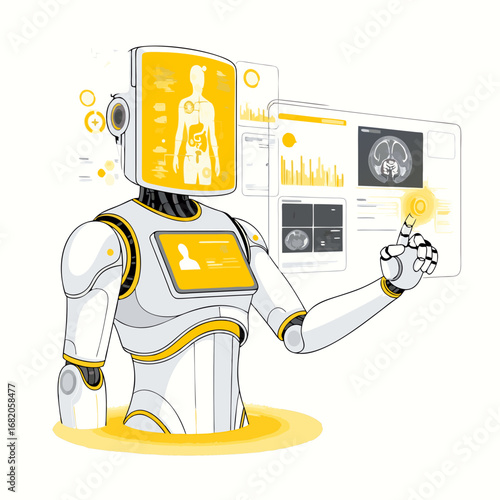 Futuristic medical robot analyzing human body scan with digital interface