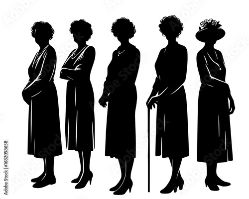 Phases of Her Life: Silhouettes of Womanhood Through Time, A black-and-white silhouette composition depicting five women at distinct stages of life—pregnancy, youth, adulthood, older age, and elderhoo