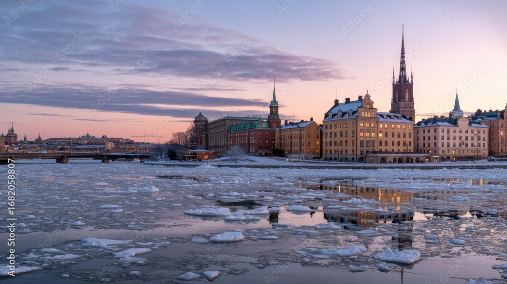 Fototapeta premium Beautiful winter sunset over stockholm, sweden with ice floating on the water and the citys architecture reflecting in the water