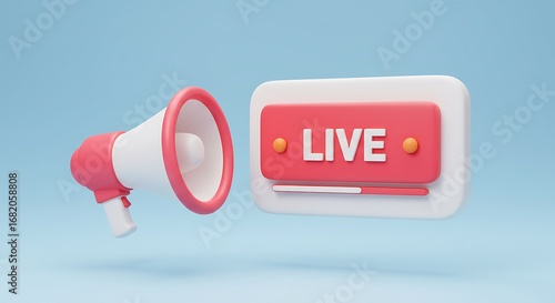 Pink and white megaphone announces live streaming event with bold red live graphic on blue