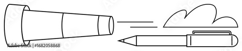 Telescope pointing toward cloud with pen beside represents exploration, imagination, planning, writing, innovation, inspiration, goal setting. Ideal for creativity, education vision strategy