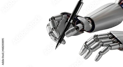 Robot hand writing with a pen on black background, AI, technology, concept