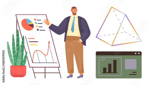 Confident man standing near flip chart with colorful graphs, next to tall plant, geometric shape, and web analytics panel. Ideal for business, strategy, education, data, teamwork marketing tech