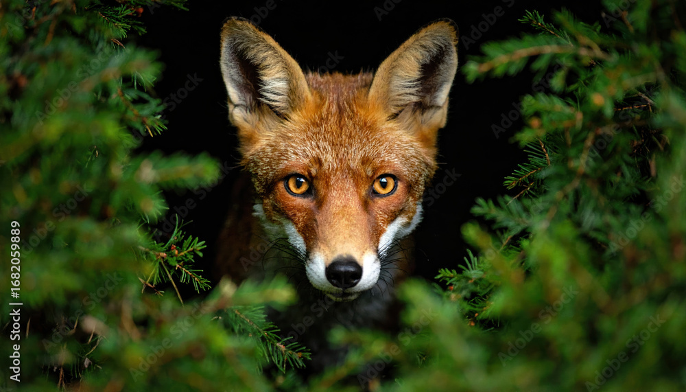 Obraz premium Red fox with bright orange fur and intense eyes peering through green pine branches in dark forest, creating mysterious and captivating wildlife scene