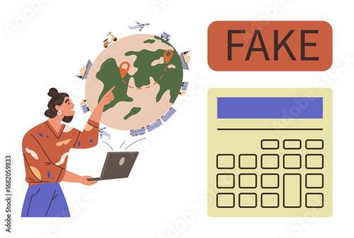 Person holds laptop, points to a globe with marked locations surrounded by papers and planes. Calculator with FAKE emphasizes information accuracy issues. Ideal for global data, misinformation