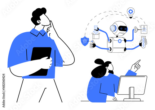 Man thinking with tablet, robot managing tasks with icons, woman and colleague pointing at computer screen. Ideal for AI development, teamwork, innovation, problem-solving, futuristic technology
