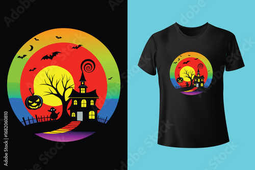 Halloween T-shirt design costume template. Happy Halloween scary trendy vector t-shirt design. Halloween vector clothing apparel t-shirt design for man, woman and children