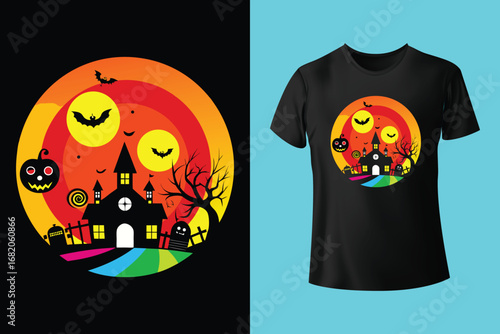 Halloween T-shirt design costume template. Happy Halloween scary trendy vector t-shirt design. Halloween vector clothing apparel t-shirt design for man, woman and children