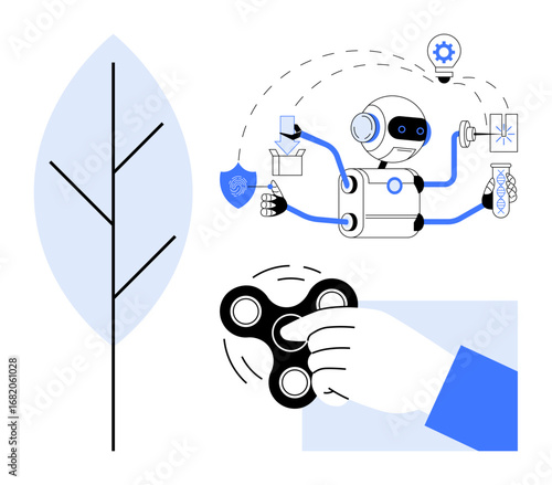 Robot multitasking with science tools, data, shield, and gear, alongside a hand spinning a fidget spinner and abstract leaf outline. Ideal for innovation, AI, technology, environment multitasking