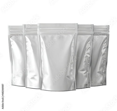Four identical,  shiny, white/silver,  zip-top pouches, stacked