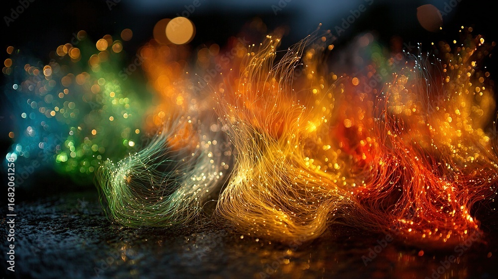 Naklejka premium Abstract colorful swirls and streams of light on a dark reflective surface.