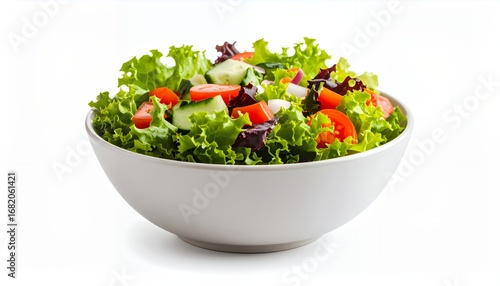 A fresh and vibrant bowl of mixed green salad with tomatoes and cucumbers.