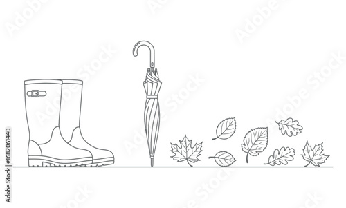 Simple line drawing of rain boots, umbrella, and autumn leaves.