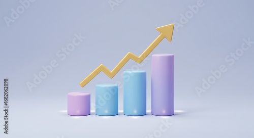 3d bar chart with upward trend arrow shows financial growth and positive business performance