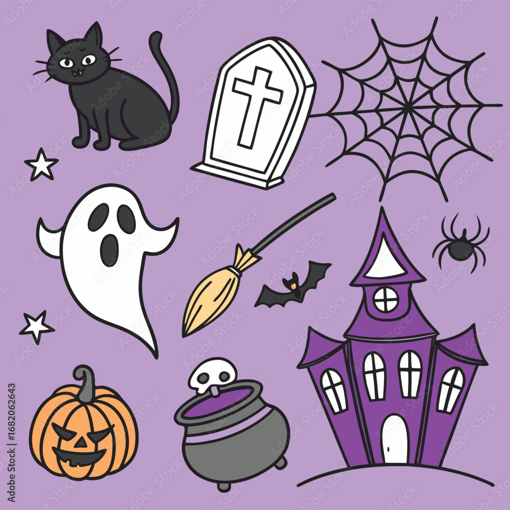 Obraz premium Cartoon Halloween elements on purple background ghost