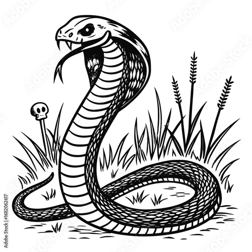 Black and white illustration of a cobra snake with skull