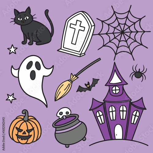Cartoon Halloween elements on purple background ghost