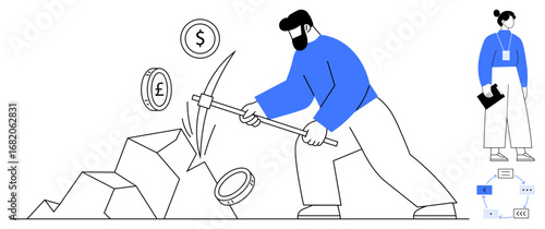 Man digging into rocks with a pickaxe, extracting symbols for dollar, euro, and pound. Ideal for finance, investment, cryptocurrency, resource management, entrepreneurship economic growth simple