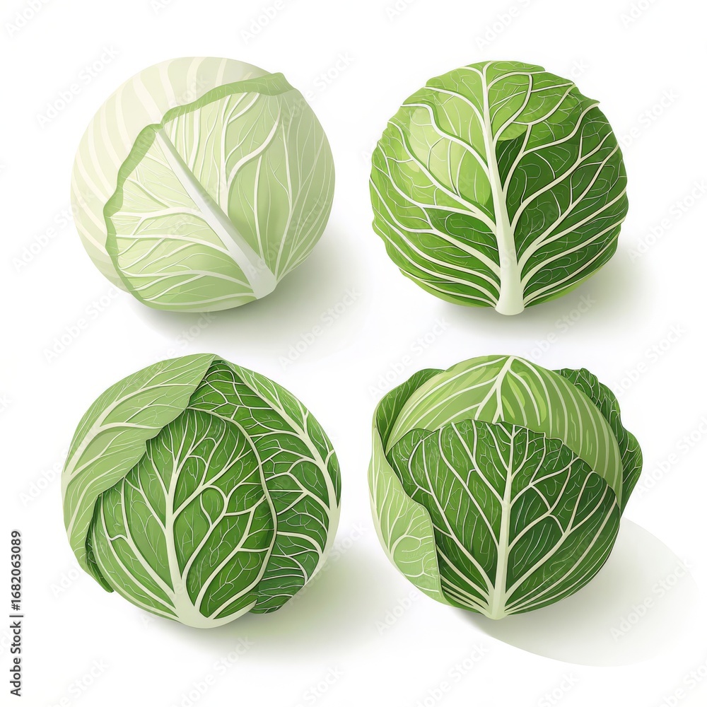 Fototapeta premium Four fresh cabbages isolated on white background, a healthy and organic food