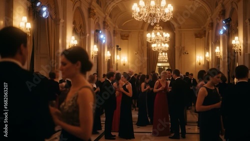 Elegant Gala Event with Well-Dressed Guests Socializing in a Grand Ballroom