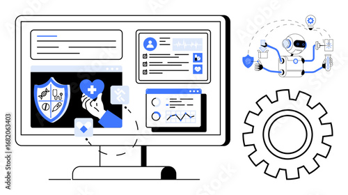 Computer screen displaying healthcare analytics, AI robot managing health data, various medical elements, gear metaphor. Ideal for healthcare technology, AI, digital transformation, innovation