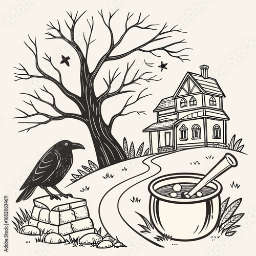 Halloween scene with crow on stone, spooky house, and cauldron
