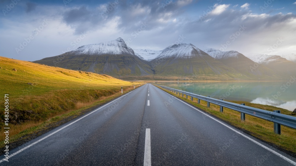 Naklejka premium Scenic road leading to majestic snowcapped mountains in iceland under a cloudy sky, a picturesque landscape of nature and travel destination