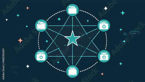 Flat-lay illustration of six teal file folders connected to a central star, against a dark-blue background with a whimsical, playful