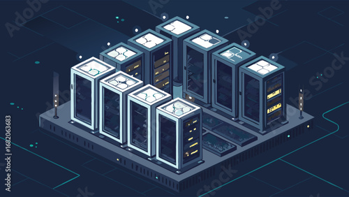 Isometric illustration of a server farm with glowing lights, depicting a powerful and efficient data center, showcasing high-tech
