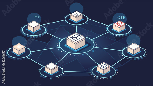 Isometric illustration of a decentralized network with interconnected nodes, showing data flow and connectivity, in cool blue tones