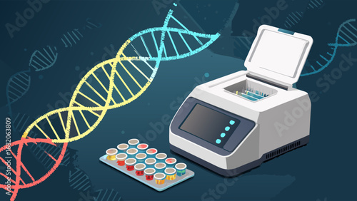 Isometric illustration of a DNA thermal cycler with sample tubes, showcasing genetic research in a dark blue background with vibrant