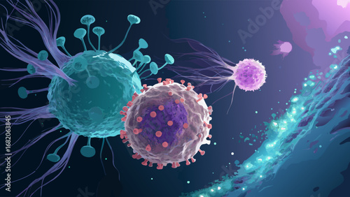 Microscopic view of immune cells attacking virus particles; vibrant purple, teal, and blue color palette; detailed 3D rendering