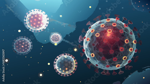 Microscopic view of several coronaviruses, detailed 3D rendering with dark-blue background, showing  viral structure and infectious