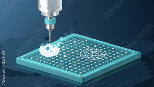 Isometric view of a robotic arm precisely applying a fluid to a microchip circuit board during manufacturing, showcasing a clean, teal