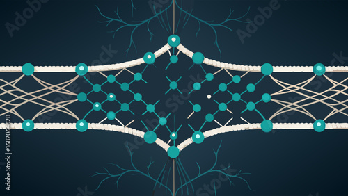 Abstract illustration of a neural network, depicted as interconnected nodes and lines, in teal and beige, against a dark background,