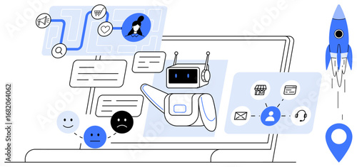 Robot responding to messages, user faces with emotions, tech icons, laptop, rocket icon. Ideal for communication, technology, user interface, automation customer service navigation innovation
